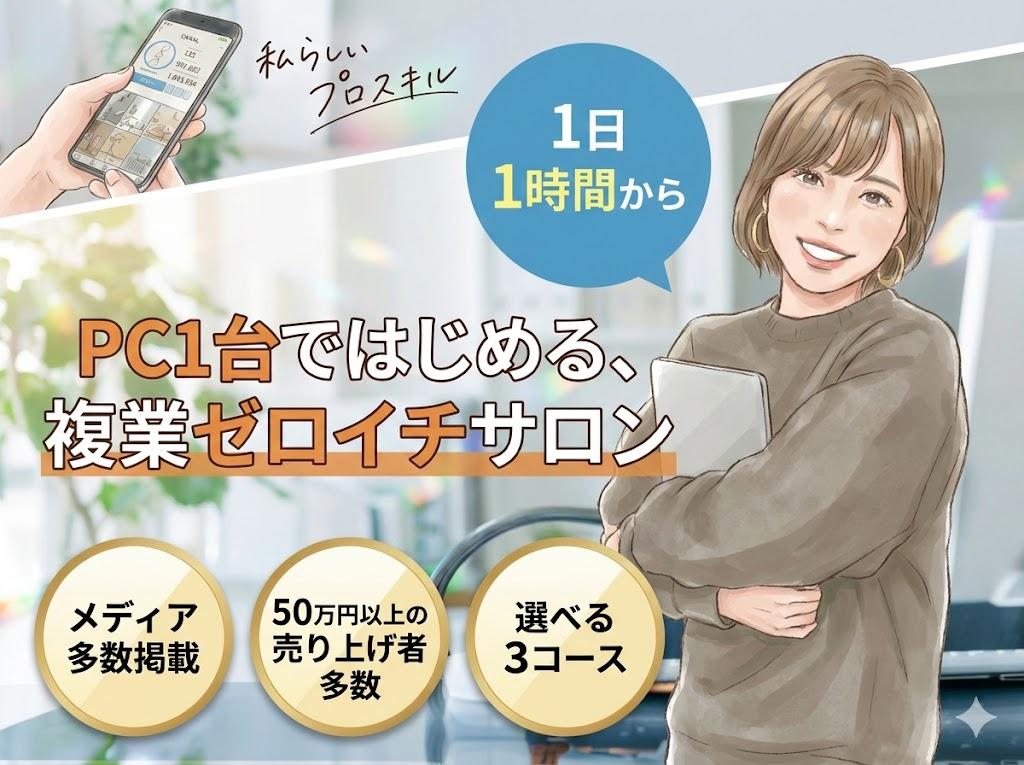 PC1台ではじめる、複業ゼロイチサロンのメインビジュアル。「私らしいプロスキル」「1日1時間から」というキャッチコピーと共に、メディア多数掲載、50万円以上の売り上げ者多数、選べる3コースという特徴が記載されている。